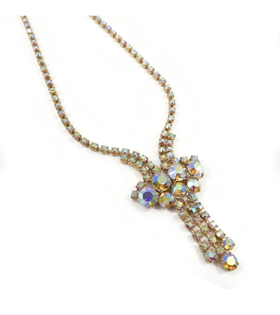 Vintage Aurora Borealis Rhinestone Necklace with Dangles, Gold Tone