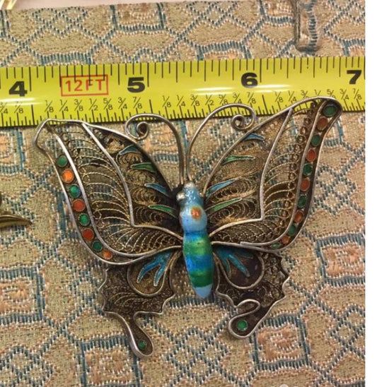 Huge Early 1900's Silver Filigree Enamel Butterfly Brooch Antique Oriental Jewelry, Chinese Export to France