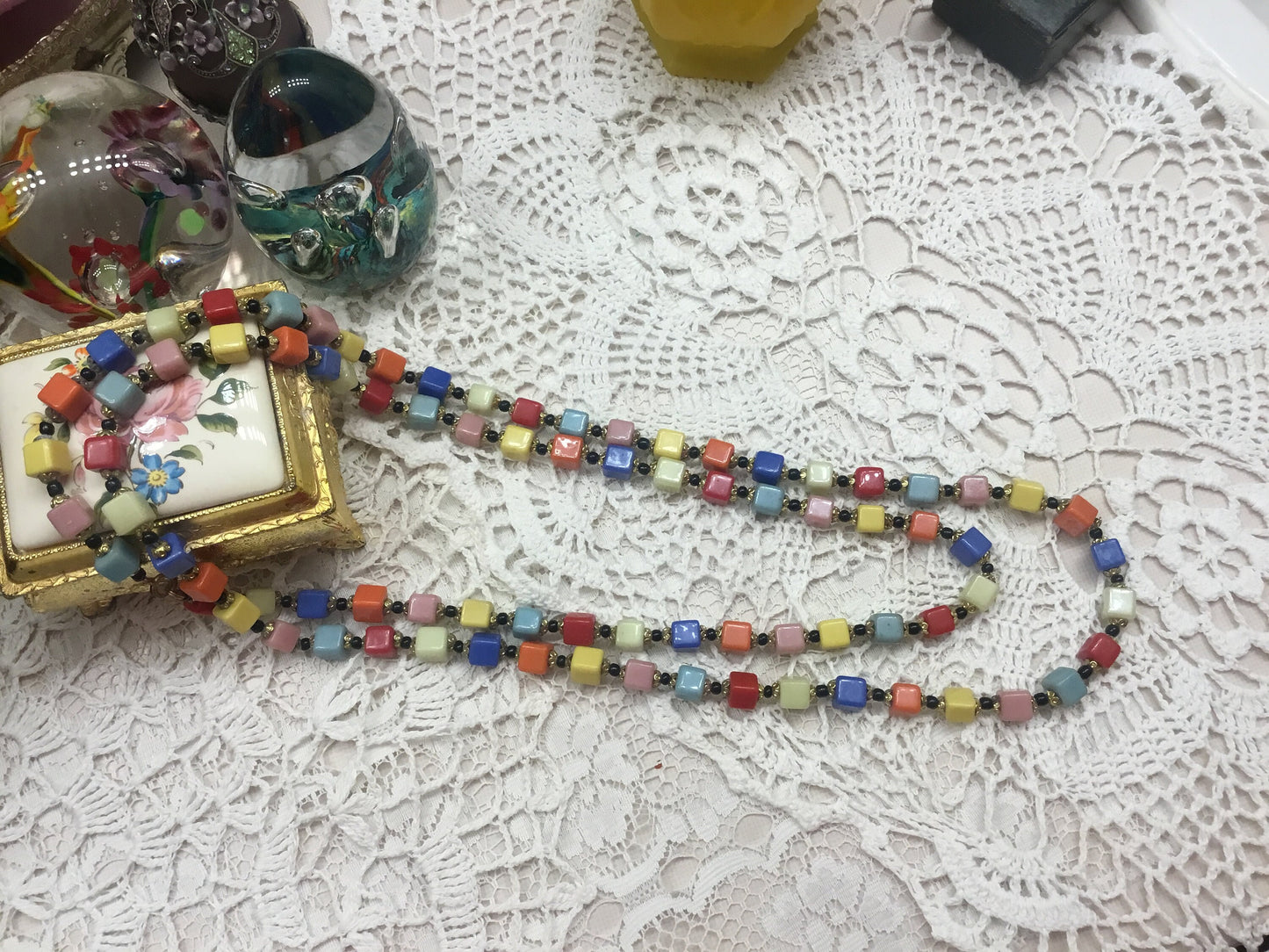 MCM Murano Italy Multi Color Cubic Glass Beads Opera Length Necklace