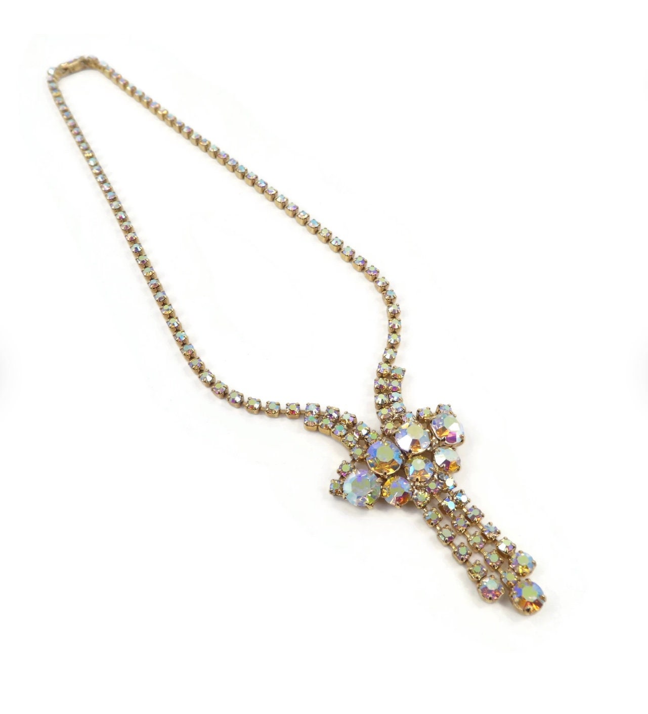 Vintage Aurora Borealis Rhinestone Necklace with Dangles, Gold Tone