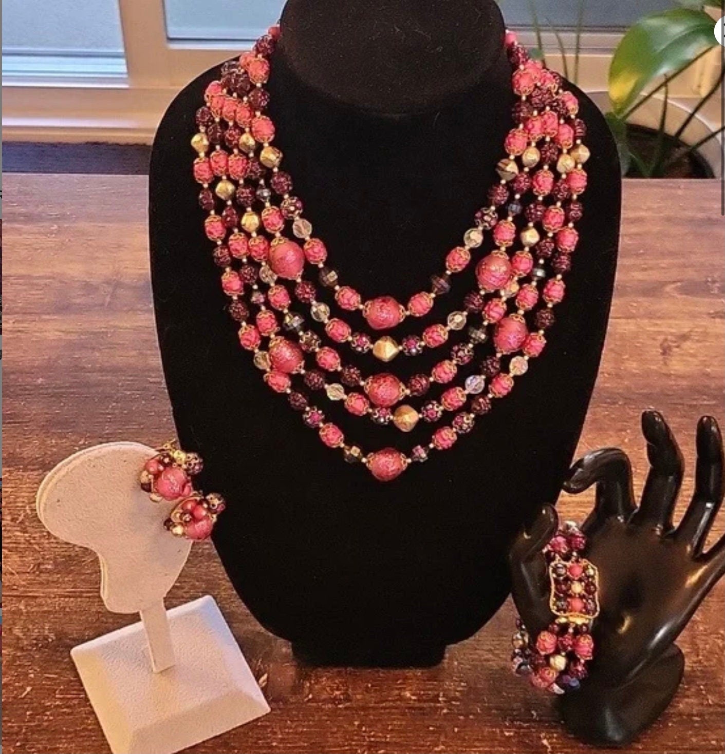 Vintage 1960's multi-strand pink,purple bead necklace original 1960s necklace vintage pink ,purple bead necklace,bracelet and earrings set