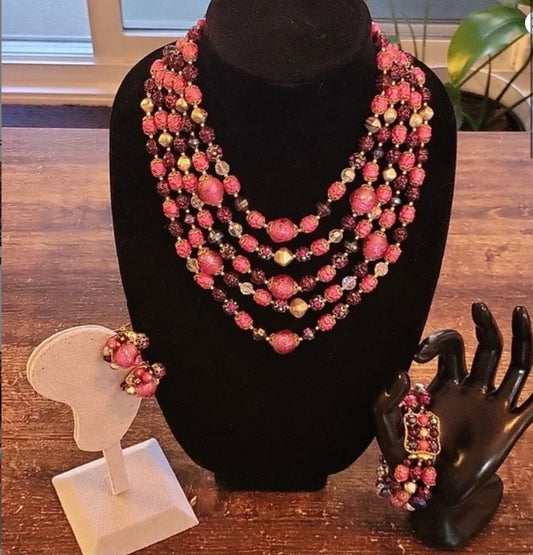 Vintage 1960's multi-strand pink,purple bead necklace original 1960s necklace vintage pink ,purple bead necklace,bracelet and earrings set