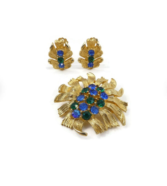 Vintage Blue Green Rhinestone Brooch Set with Clip-On Earrings in Gold Tone
