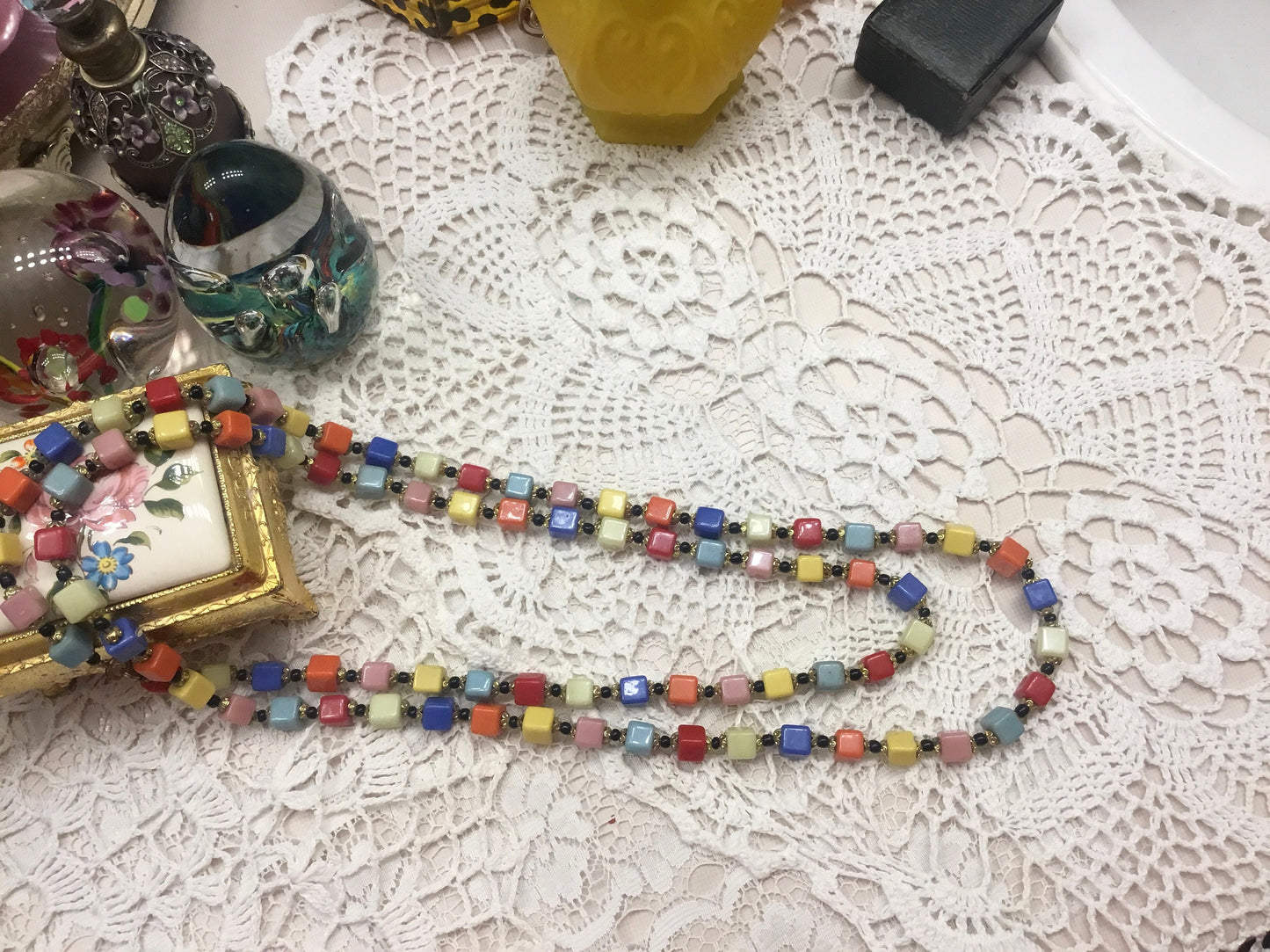 MCM Murano Italy Multi Color Cubic Glass Beads Opera Length Necklace