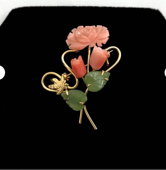 Vintage 14k Gold Mid Century- Brutalist Angel Skin Pink Coral Flowers Jade Leaves on Branch Brooch Pin / Coral Jewelry / 1960's