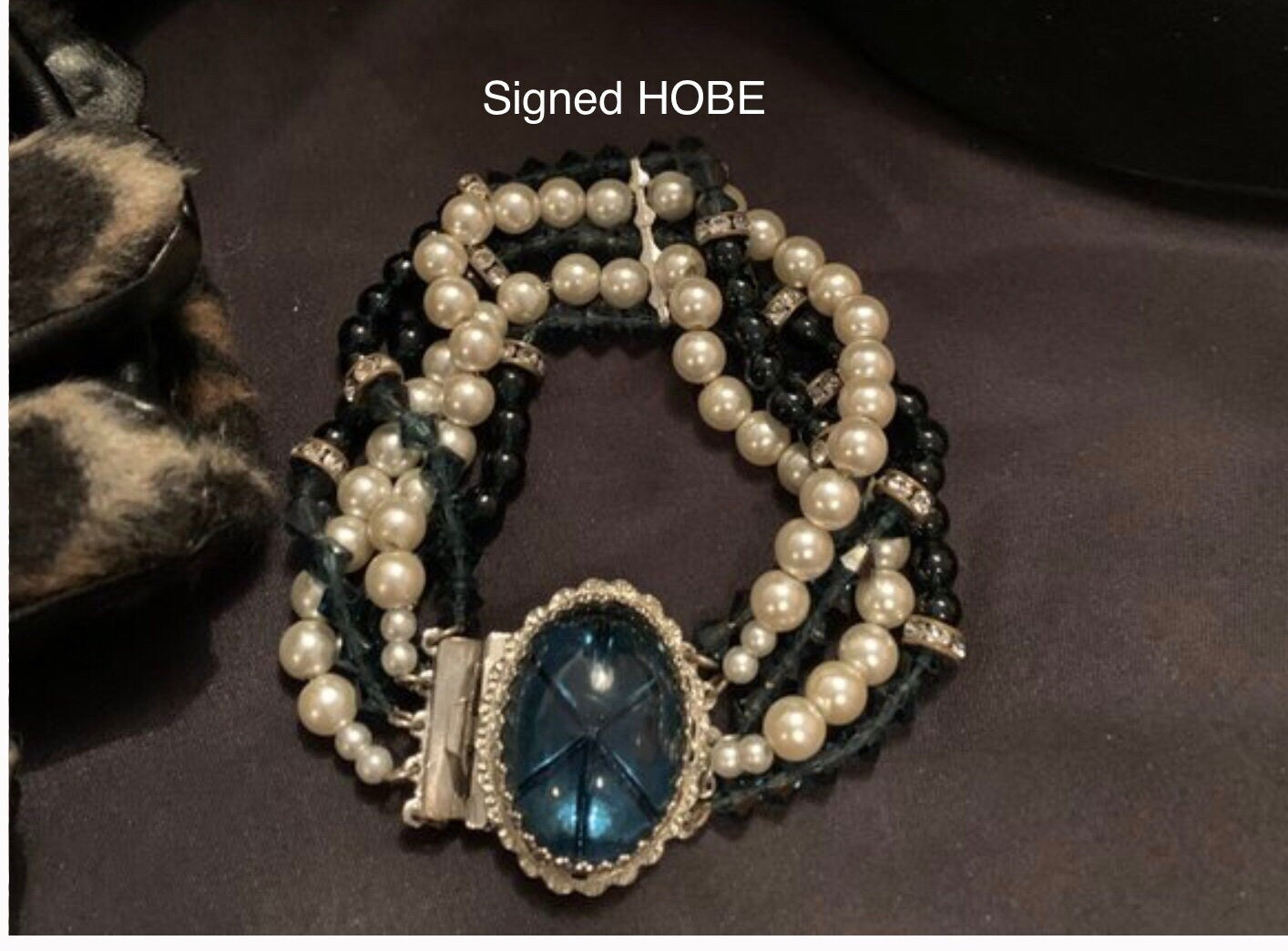 1950’s Vintage Signed Hobe Pearl,faux star sapphire, and Crystal Bracelet
