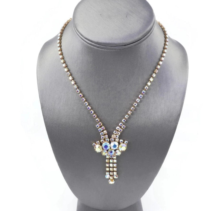 Vintage Aurora Borealis Rhinestone Necklace with Dangles, Gold Tone