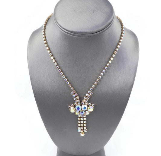 Vintage Aurora Borealis Rhinestone Necklace with Dangles, Gold Tone