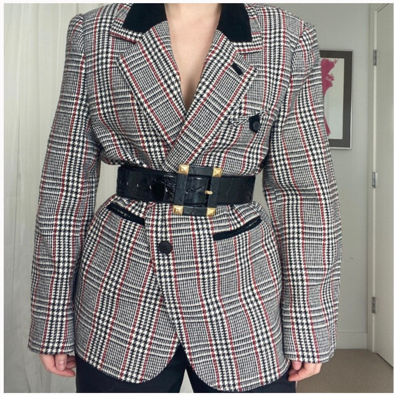 Vintage Houndstooth Plaid Wool Blend Blazer