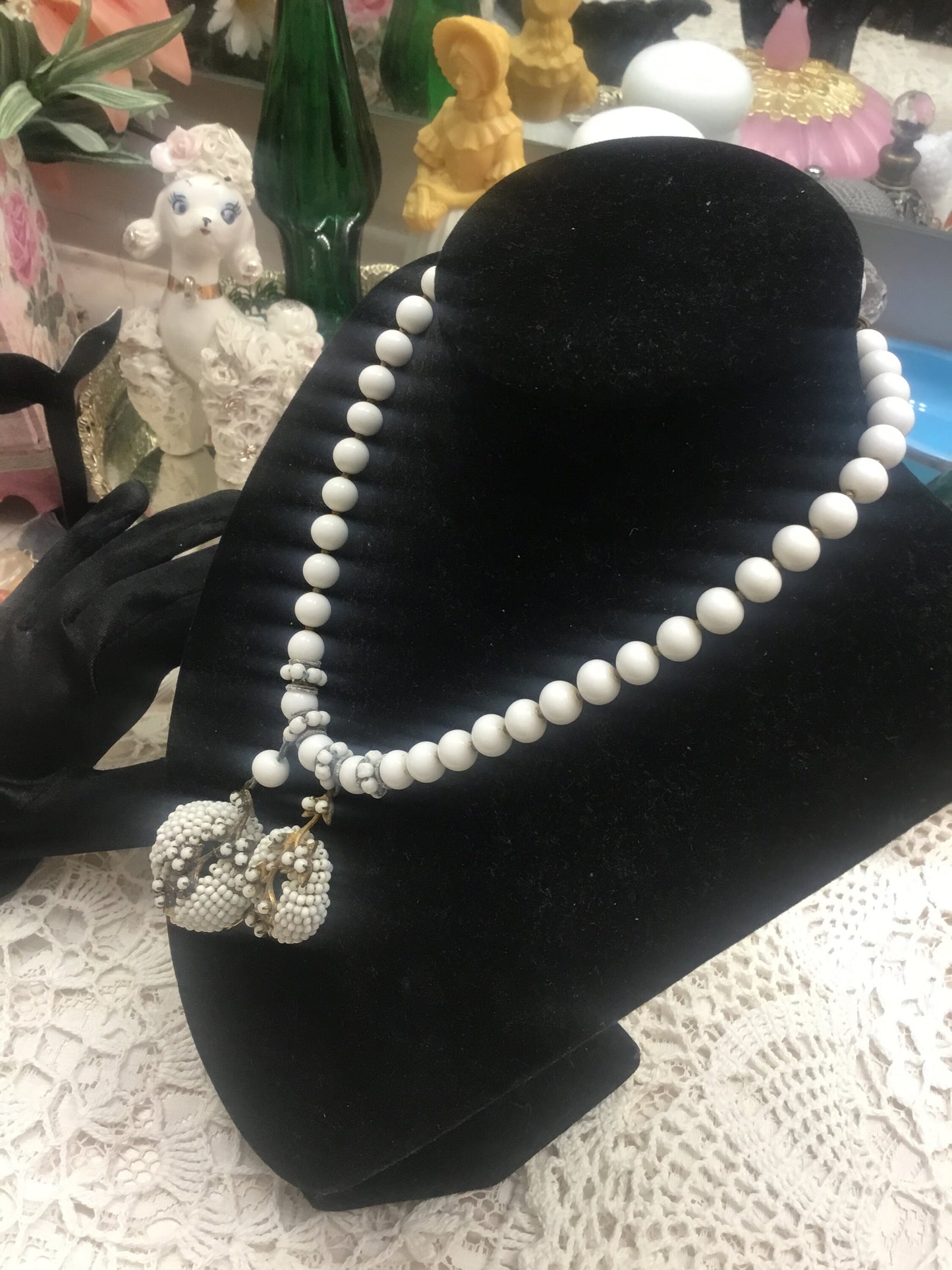 Lovely Signed Miriam Haskell Milk Glass Graduated Bead Pendant Necklace from the 1950’s
