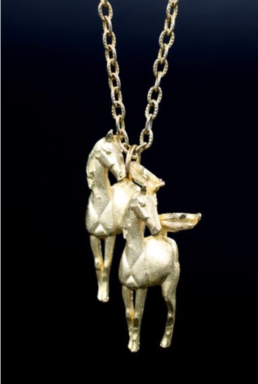 Vintage Horse Equestrian Figural Couple Pendant Necklace Chain