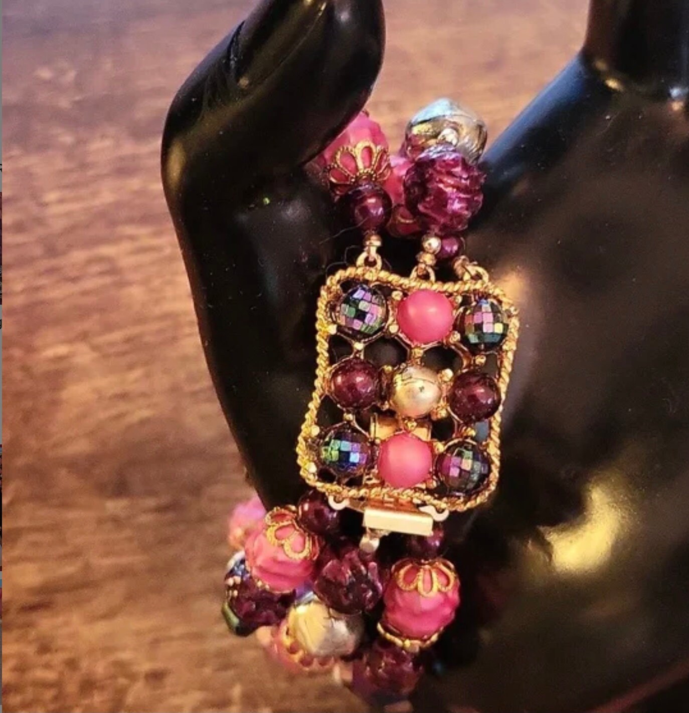Vintage 1960's multi-strand pink,purple bead necklace original 1960s necklace vintage pink ,purple bead necklace,bracelet and earrings set