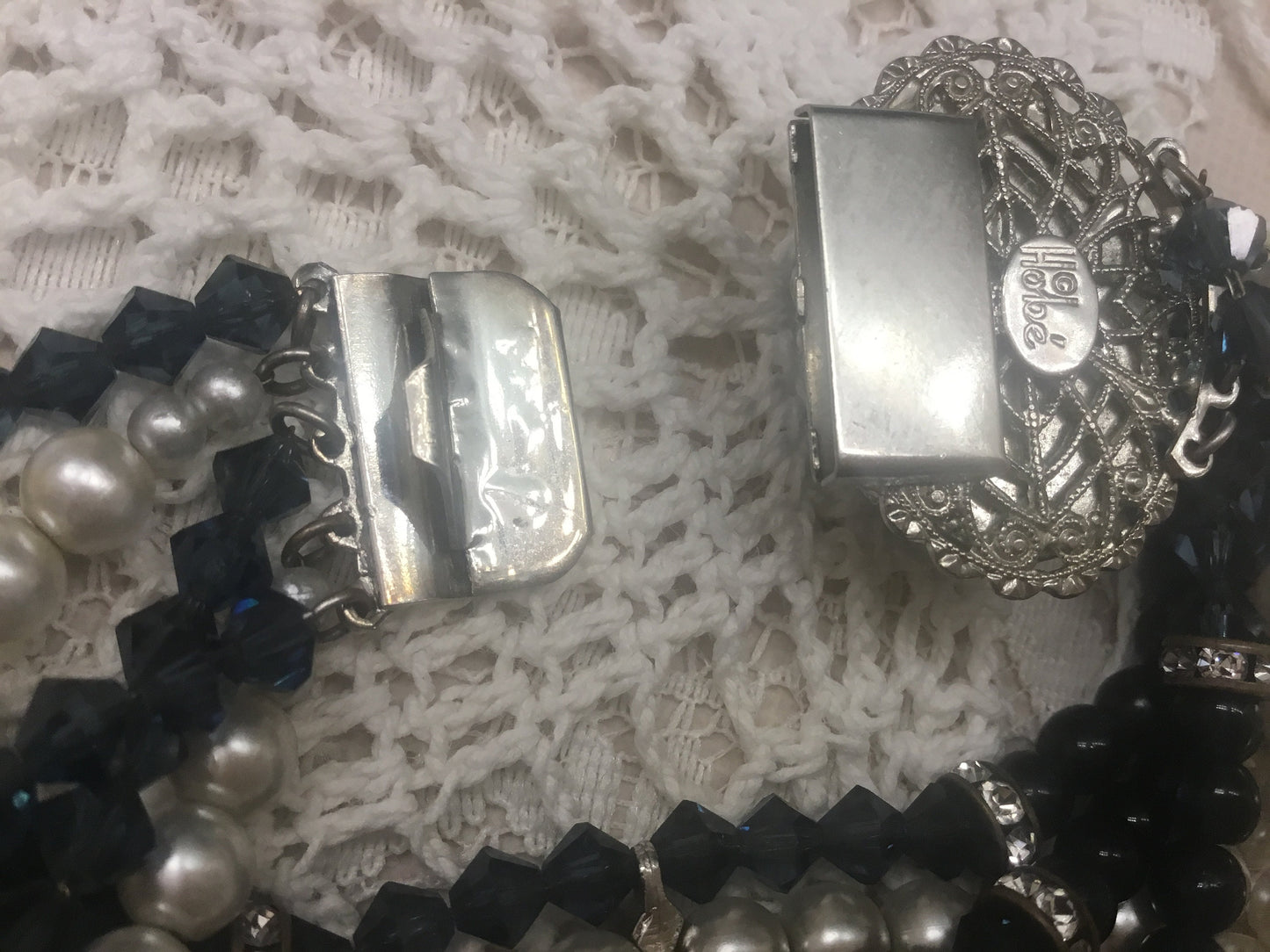 1950’s Vintage Signed Hobe Pearl,faux star sapphire, and Crystal Bracelet