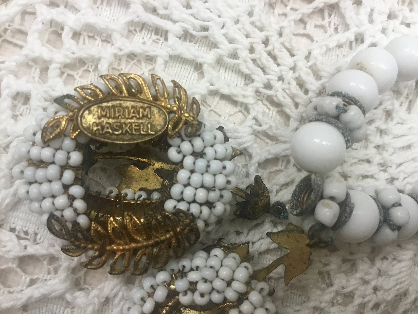 Lovely Signed Miriam Haskell Milk Glass Graduated Bead Pendant Necklace from the 1950’s