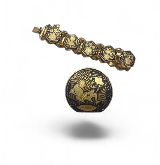 Victorian mourning Bracelet and brooch -- damascene antique bracelet and brooch - black and gold