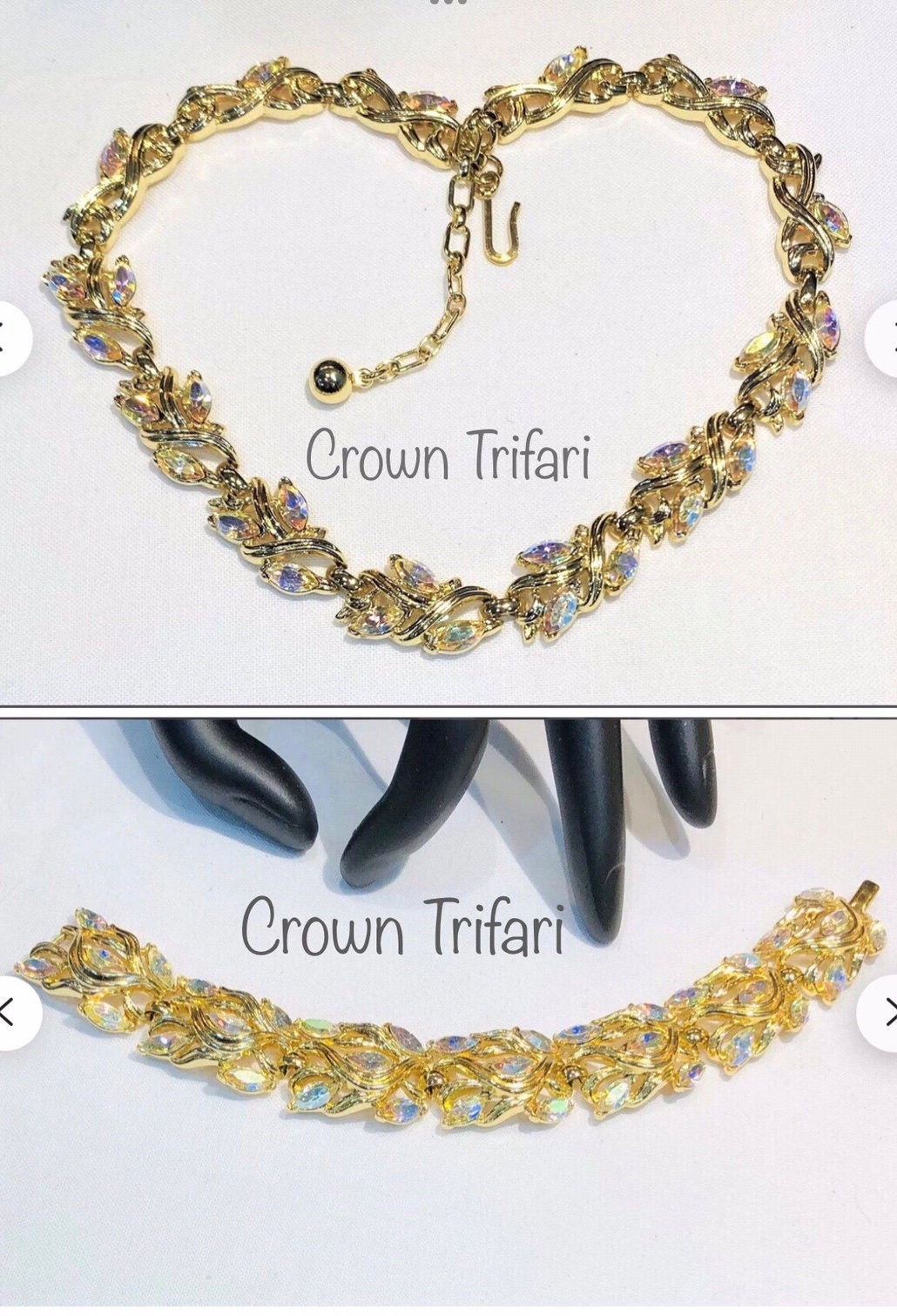 Glamorous Crown Trifari Marquise Crystal  Demi-parure/Necklace and Bracelet Set ,Circa 1960s