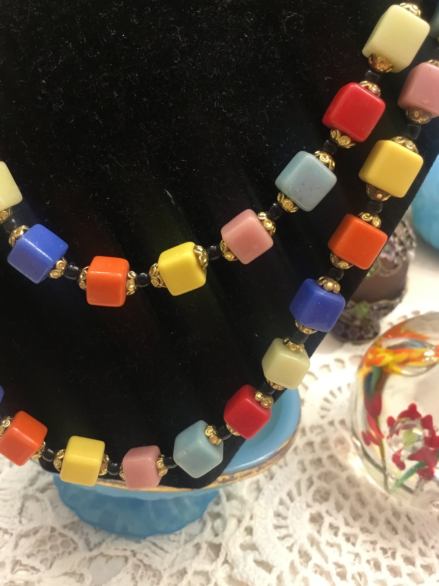 MCM Murano Italy Multi Color Cubic Glass Beads Opera Length Necklace