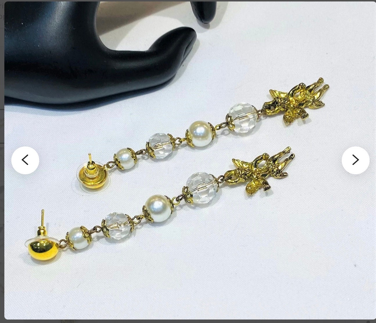 Pretty Long Vintage Faux Pearl and Faceted Glass Cherub Dangle Earrings