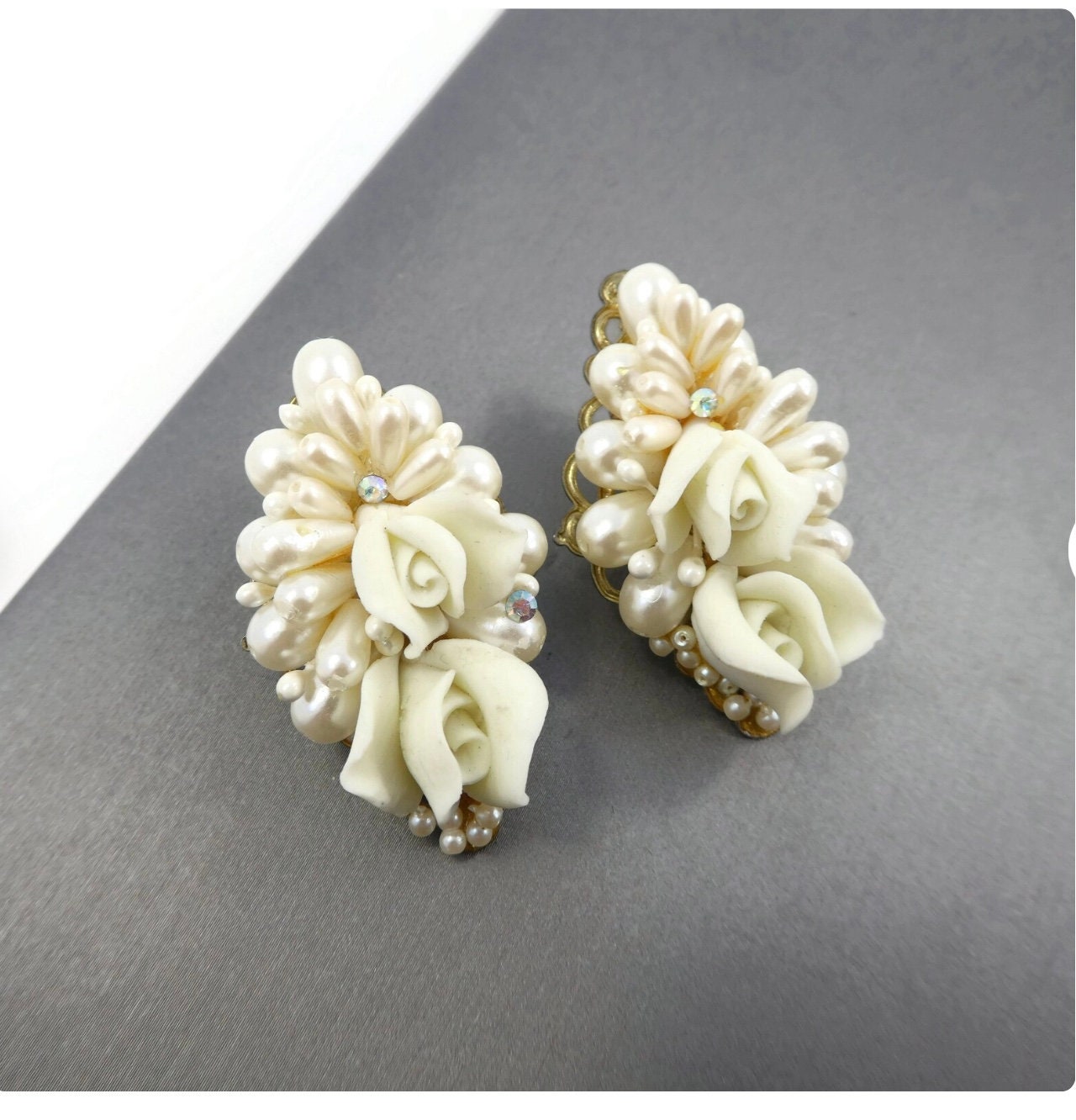 Vintage MARIE ANTOINETTE Signed Cream Pearled Cluster Bead Earrings with Ceramic Roses, Gold Tone, Clip Ons