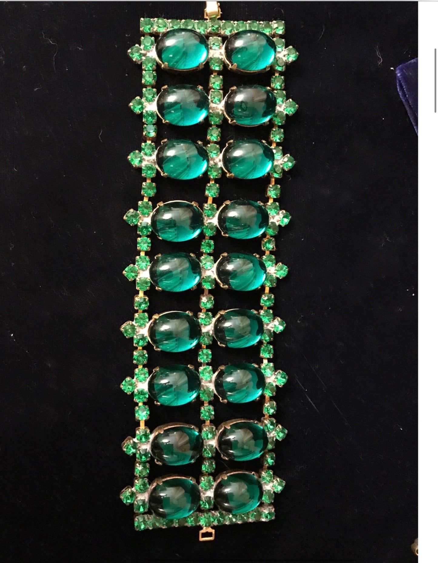 Garden of Green: Vintage Czech Brass Emerald Green Glass Cabochons & Rhinestone Bracelet Vintage Juliana Rhinestone Brooch Clip-On