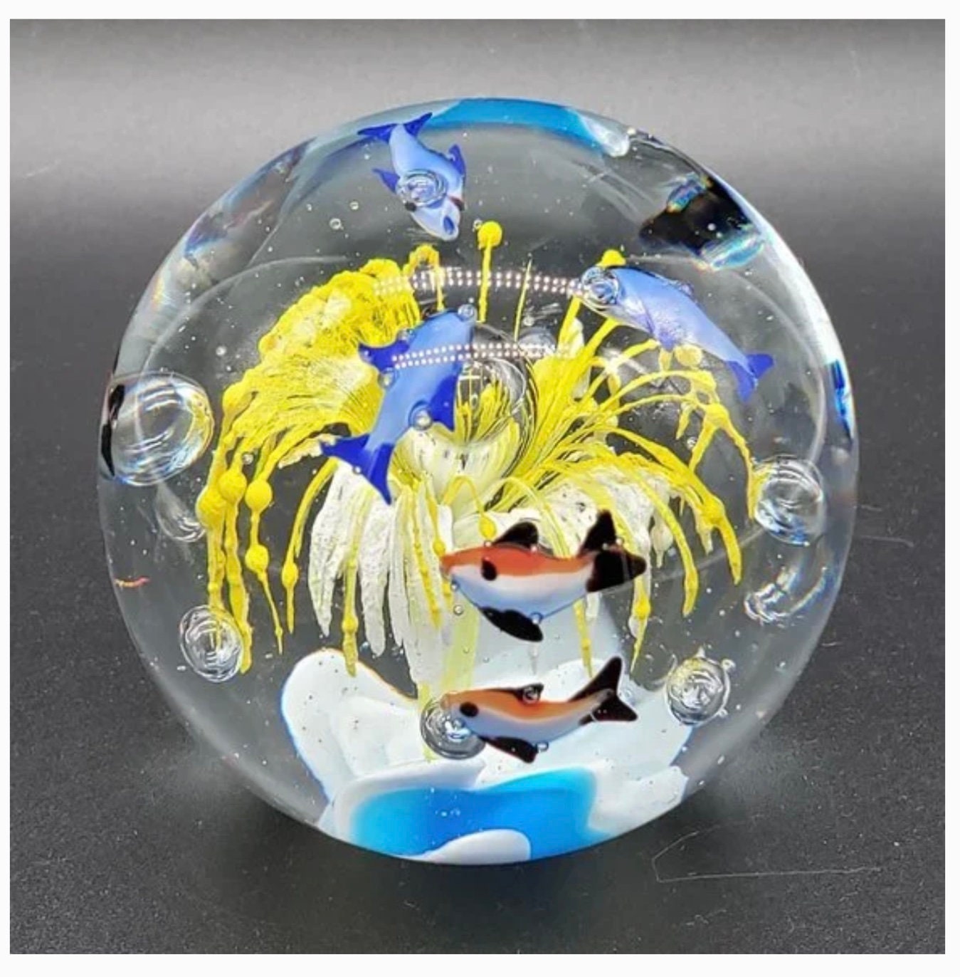 STUNNING Blue Striped Fish Yellow Flower Aquarium Large Bubbled Art Glass Paperweight