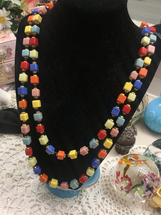 MCM Murano Italy Multi Color Cubic Glass Beads Opera Length Necklace