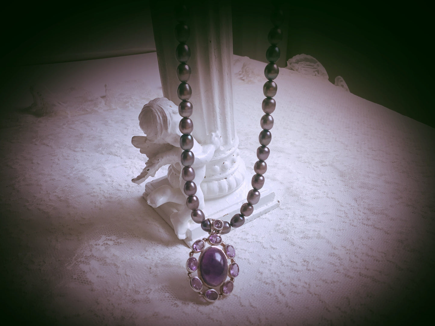Dark Purple Oval Amethyst Pendant , Natural Black Baroque Freshwater Pearl Necklace 16 1/2”