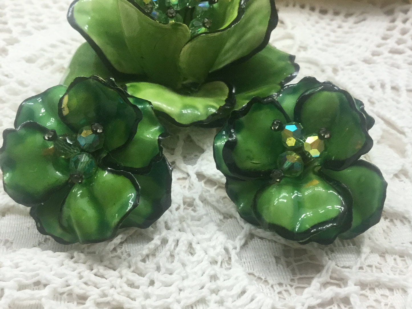 Signed Vendome  Large painted enamel and Paste Flower brooch ,Earrings Set Suite,1960s