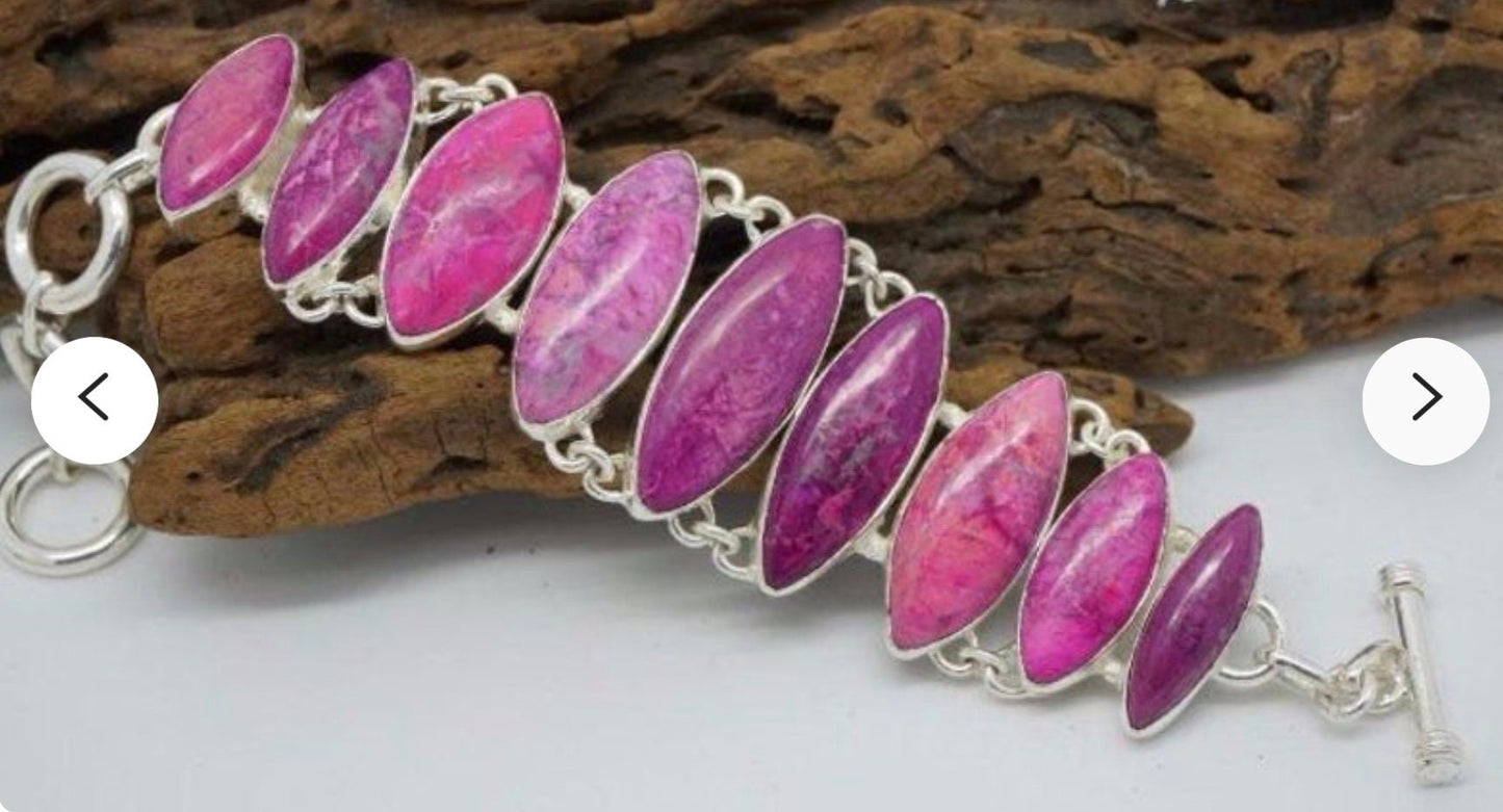 One of the Kind Unique Handcrafted BRACELET Nature Pink GEMSTONE 925 Sterling Silver Plated