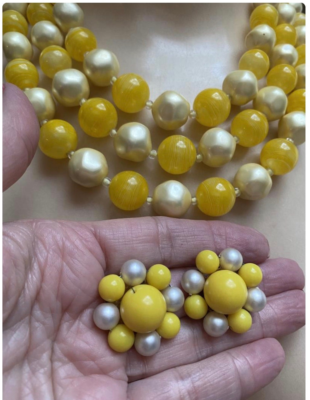 Triple strand bright yellow bead necklace set