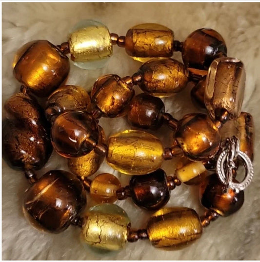 Murano Copper Foiled Art Glass Beaded Necklace 18”