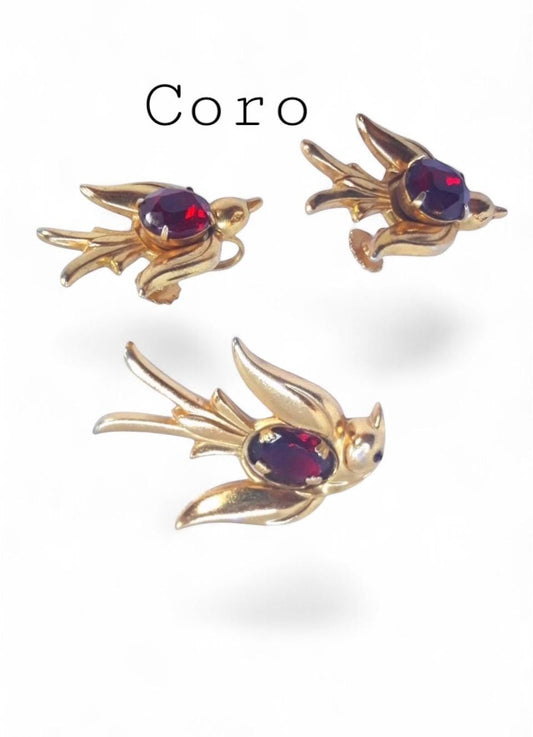 RARE early Coro Pegasus bird swallow rhinestone brooch pin & screw back earring jewellery,hallmarked Coro Craft.