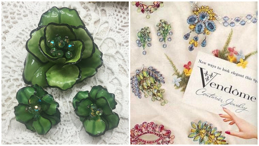 Signed Vendome  Large painted enamel and Paste Flower brooch ,Earrings Set Suite,1960s