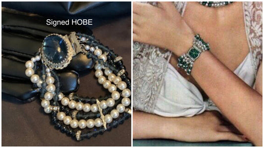1950’s Vintage Signed Hobe Pearl,faux star sapphire, and Crystal Bracelet