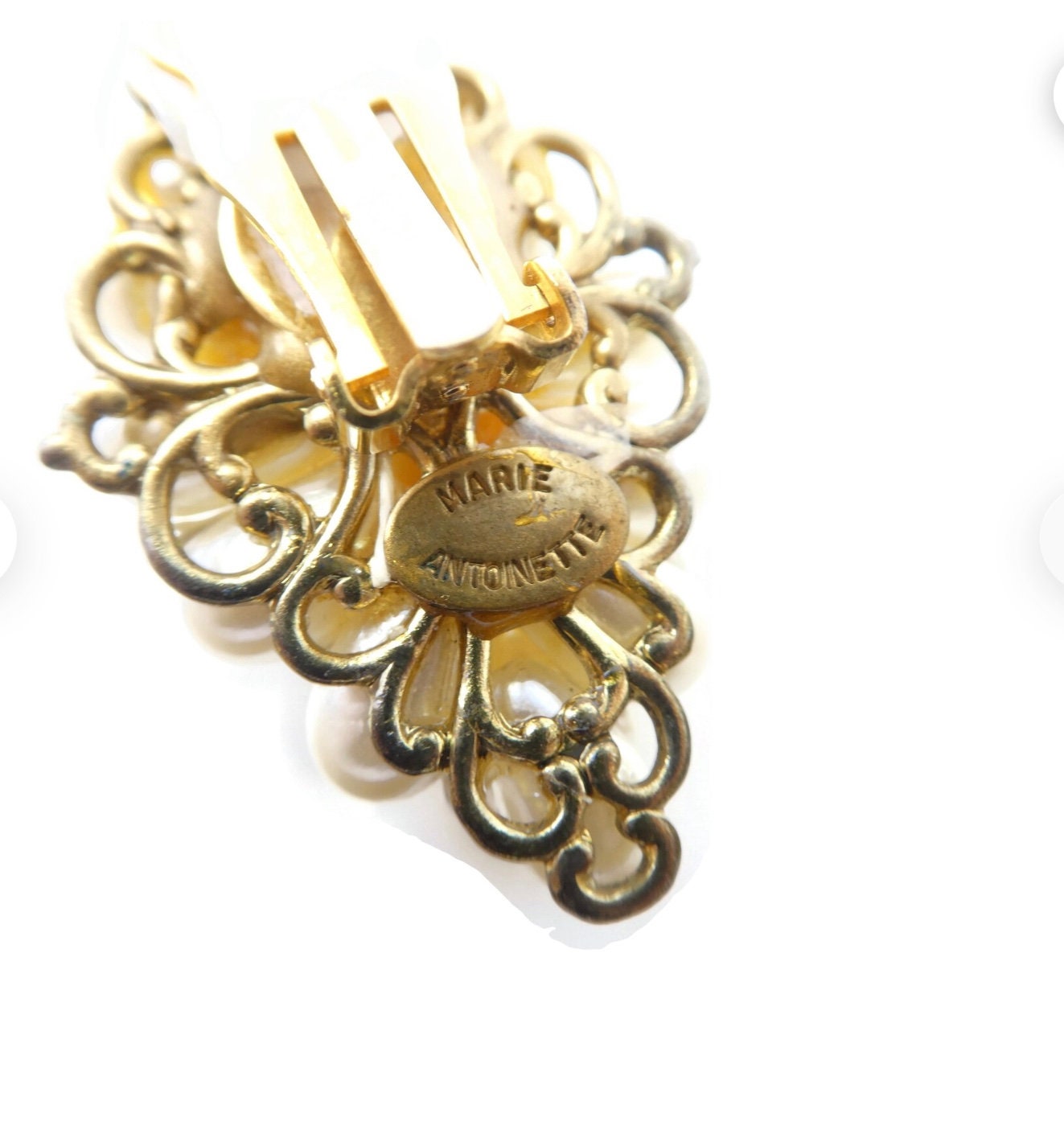 Vintage MARIE ANTOINETTE Signed Cream Pearled Cluster Bead Earrings with Ceramic Roses, Gold Tone, Clip Ons