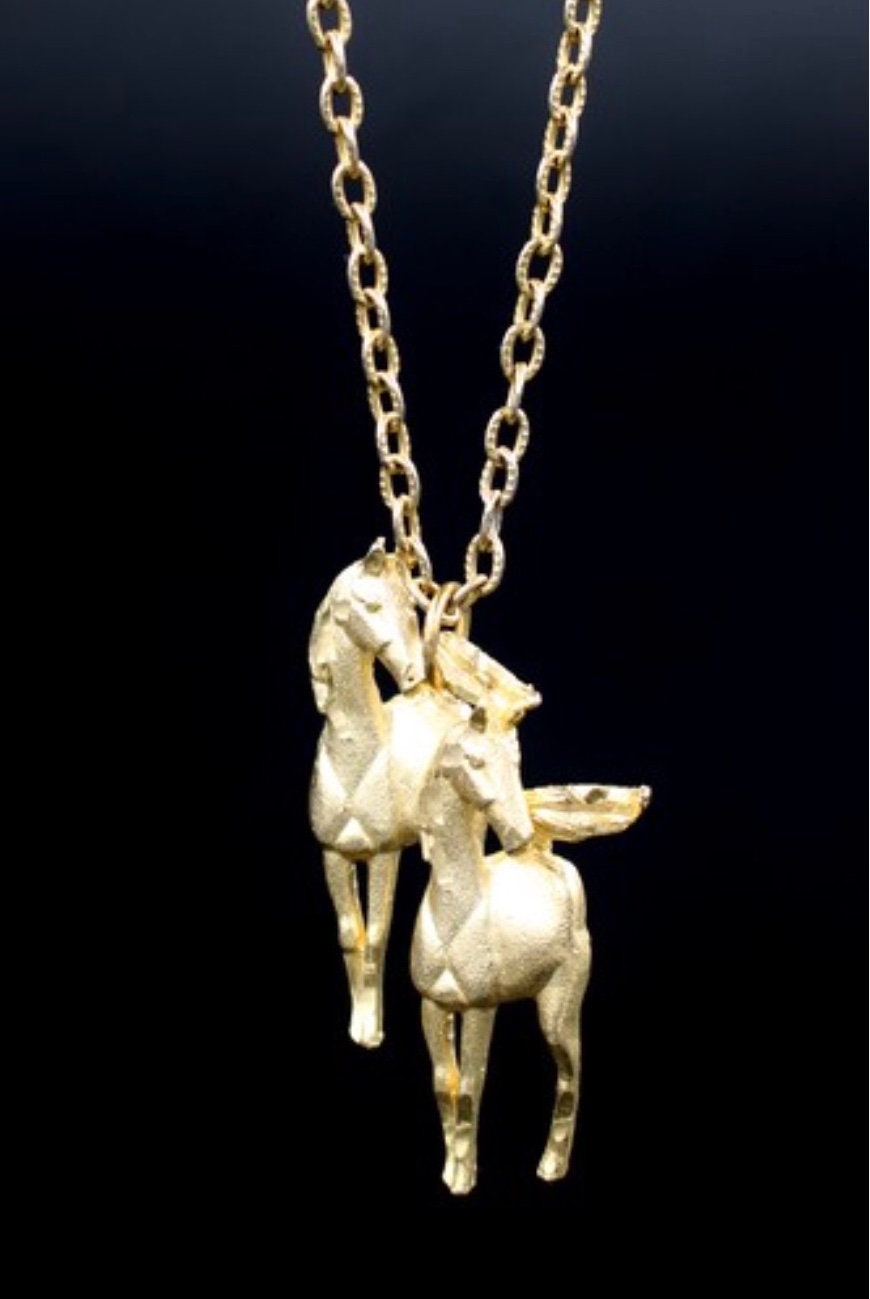 Vintage Horse Equestrian Figural Couple Pendant Necklace Chain
