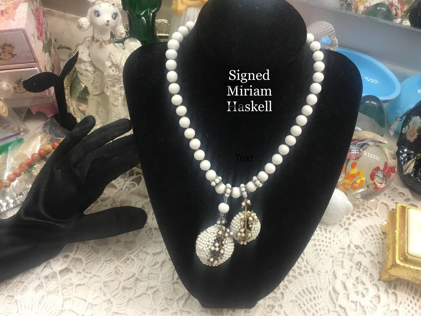Lovely Signed Miriam Haskell Milk Glass Graduated Bead Pendant Necklace from the 1950’s