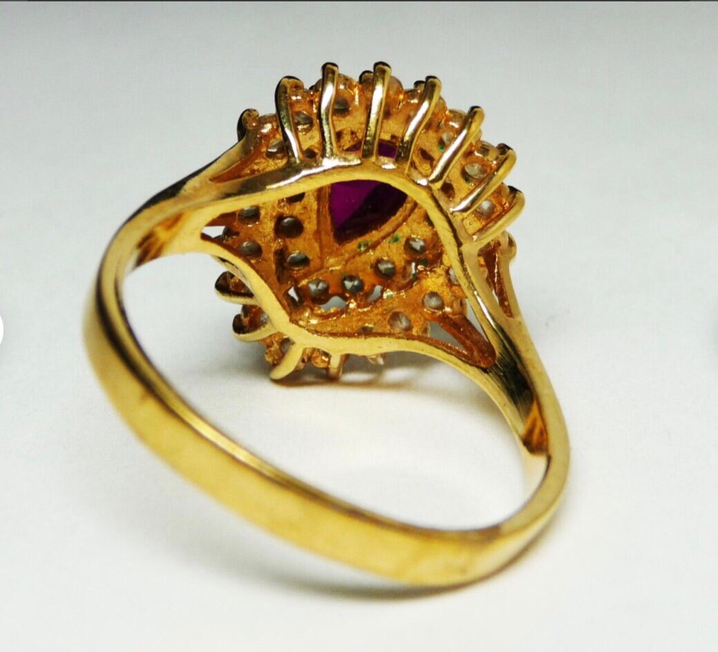 Vintage Treated Red Ruby spinel Teardrop Ring - Gold Signed 14KT GE ESPO - 3 Tiered Ring - Treated  Red Ruby Spinel ,Vintage