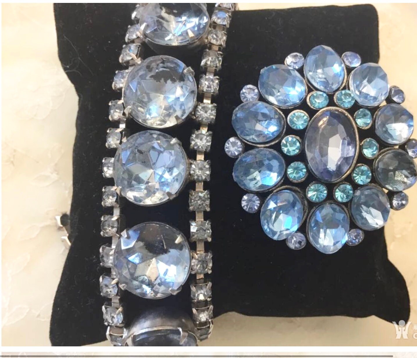 Vintage Blue Rhinestones Bracelet and brooch  ,Retro Costume Statement Crystal Jewelry