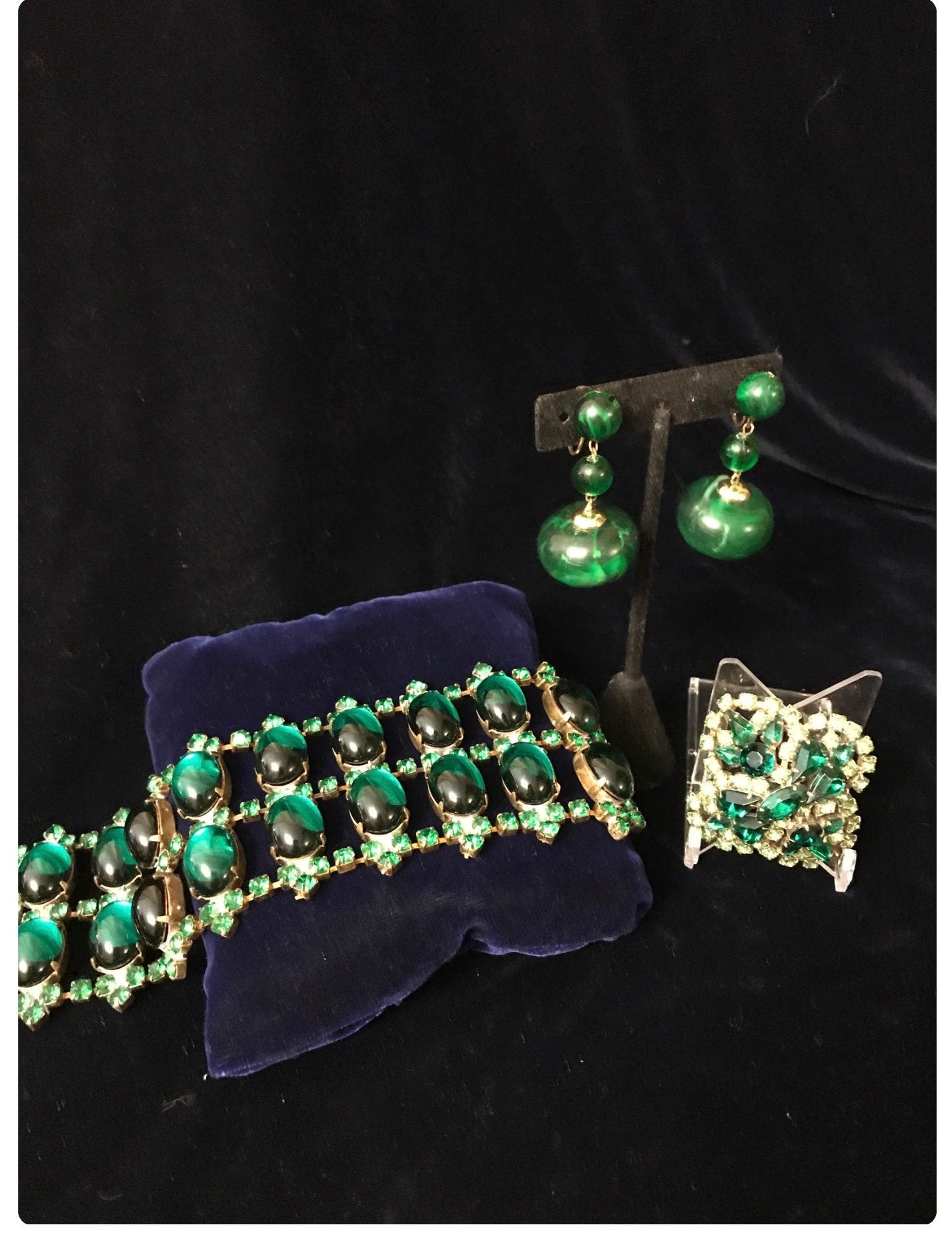 Garden of Green: Vintage Czech Brass Emerald Green Glass Cabochons & Rhinestone Bracelet Vintage Juliana Rhinestone Brooch Clip-On