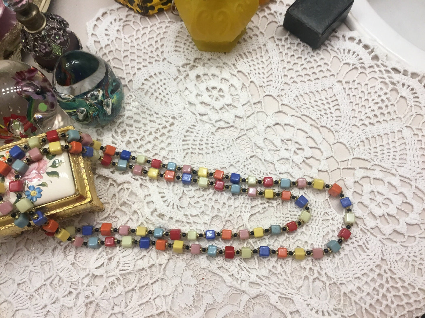 MCM Murano Italy Multi Color Cubic Glass Beads Opera Length Necklace