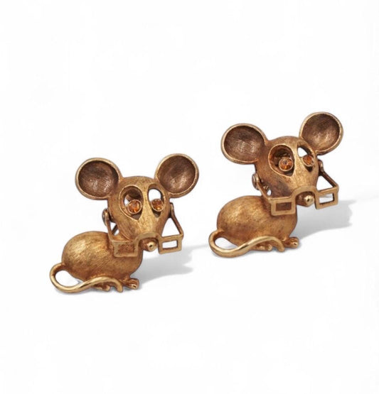 Vintage Avon Mouse Articulating Glasses Rhinestone Eyes Brooch Pin Set