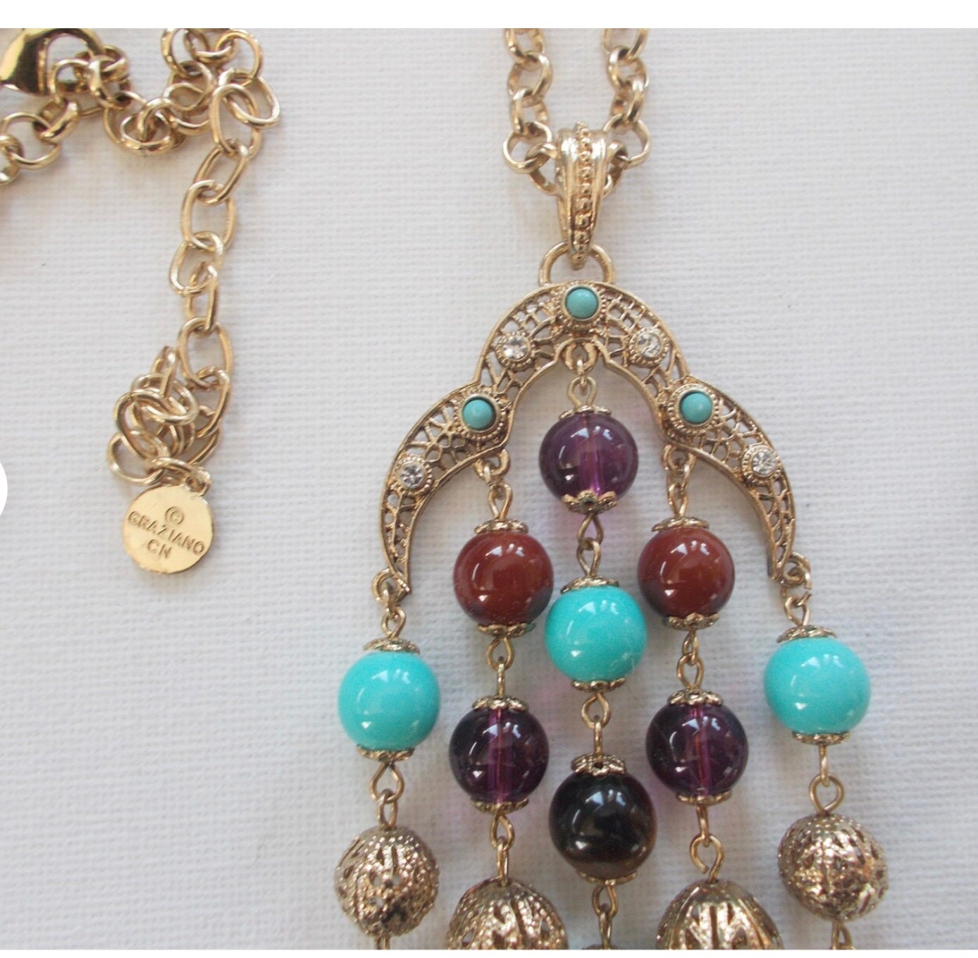 Graziani Vintage Statement Tassel Necklace - Gold Tone, Glass & Bead Detailing, Boho Pendant Necklace