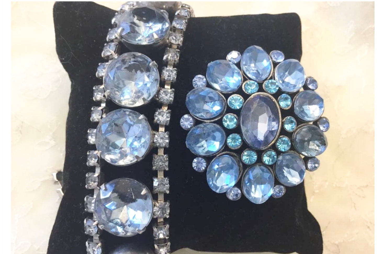 Vintage Blue Rhinestones Bracelet and brooch  ,Retro Costume Statement Crystal Jewelry