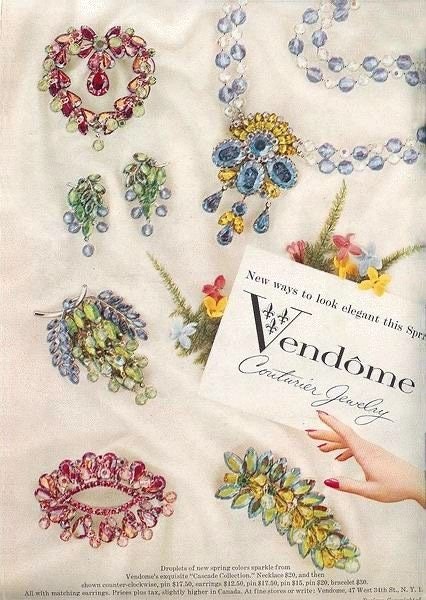 Signed Vendome  Large painted enamel and Paste Flower brooch ,Earrings Set Suite,1960s