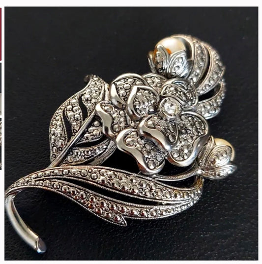 Vintage Signed Kenneth Jay Lane KJL for Avon Marcasite Pearl Flower Brooch Pin