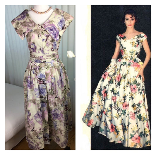 Vintage Buttercream Yellow & Purple ,Pink  Florals House Dress by Lori Ann ,-Size M