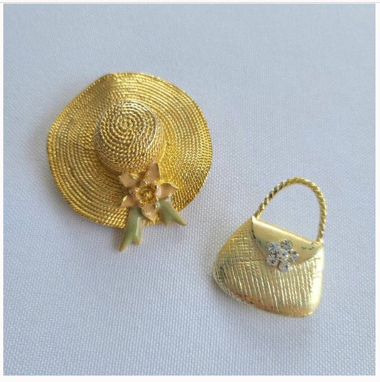 Vintage Straw Hat & Purse Brooch 2 Pc Set