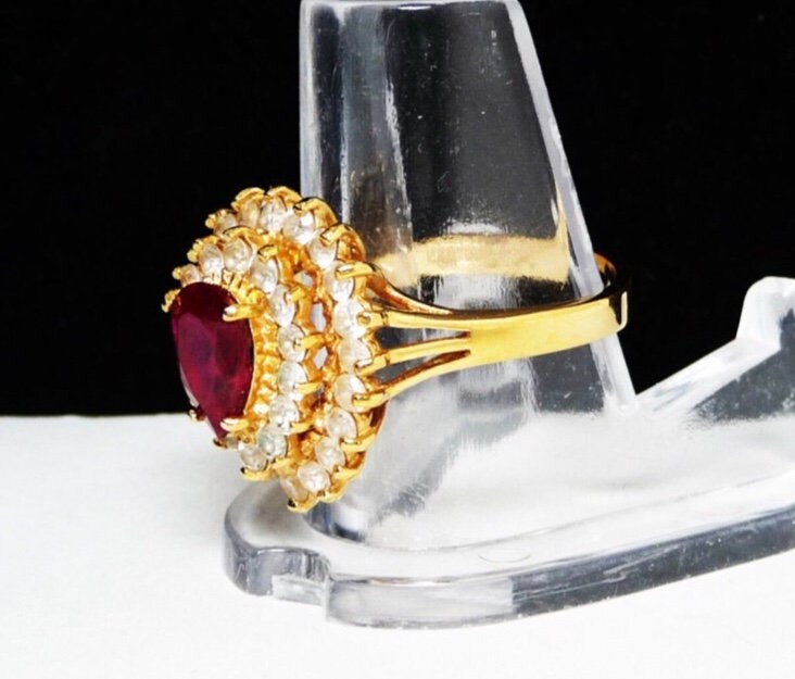 Vintage Treated Red Ruby spinel Teardrop Ring - Gold Signed 14KT GE ESPO - 3 Tiered Ring - Treated  Red Ruby Spinel ,Vintage