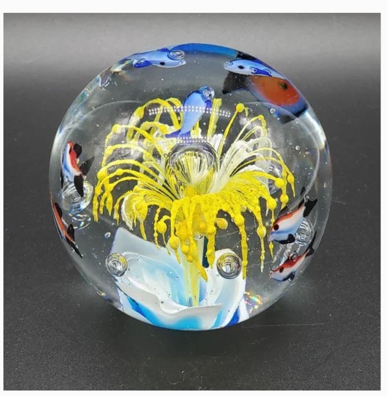 STUNNING Blue Striped Fish Yellow Flower Aquarium Large Bubbled Art Glass Paperweight
